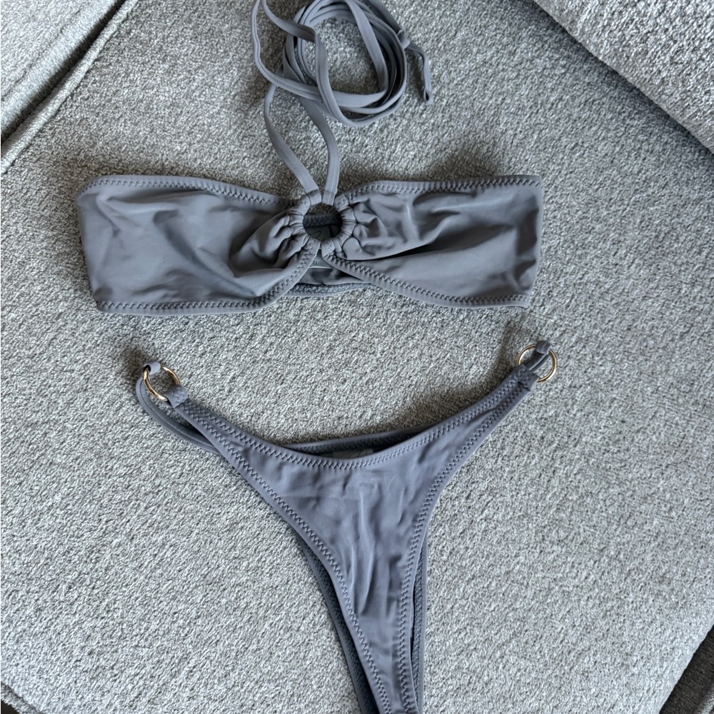 Gray Bandeau Bikini with High-Cut Thong